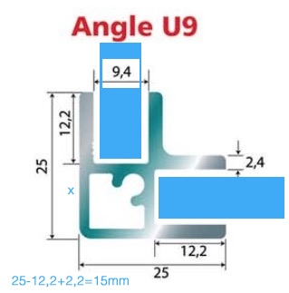 Profil angle U9 Chromé Mat 2,3m (pour verre 8mm)