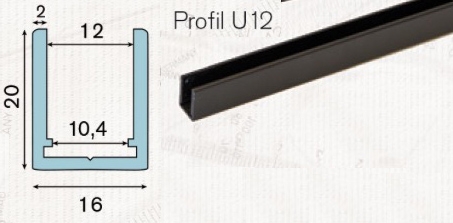 photo info Profil U12 alu Noir mat avec 2 embouts et équerre longueur de 3000mm