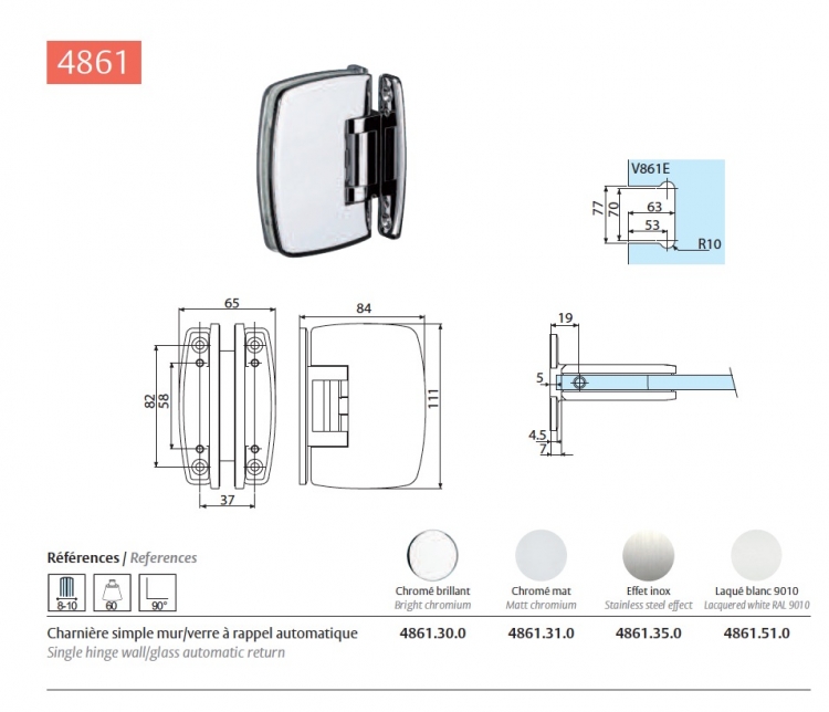 Charnière mur/verre SWINGO 180 degre chromé MAT pour porte Sécurit 8mm