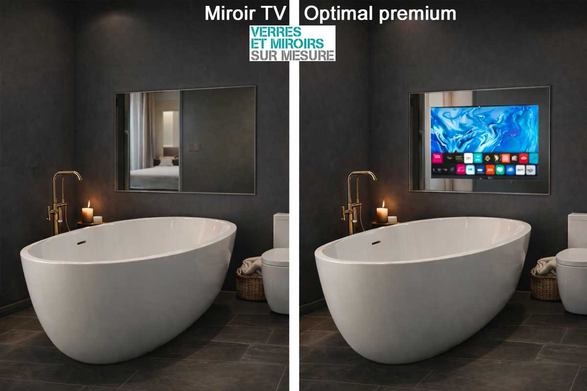Miroir TV dans une salle de bain : écran éteint puis allumé