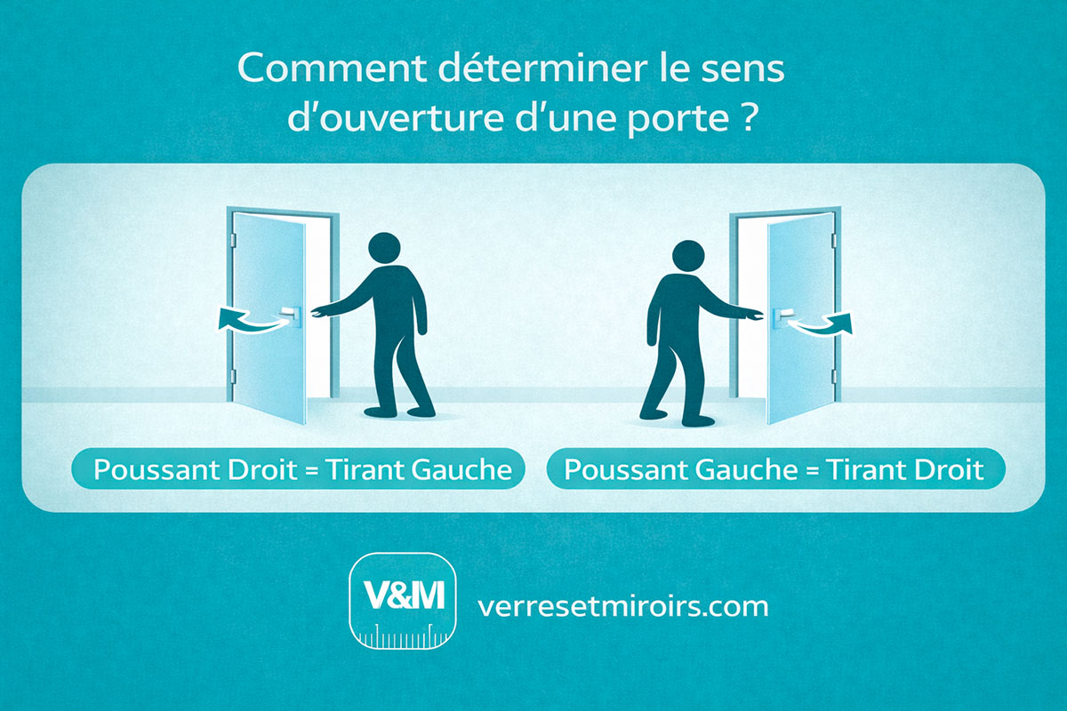 Schéma du sens d’ouverture d’une porte : tirant gauche, tirant droit, poussant gauche et poussant droit