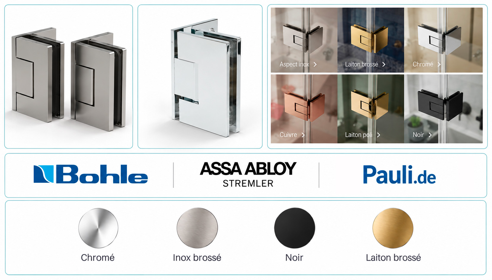Charnières de douche Bohle, Assa Abloy-Stremler et Pauli — sélection rapport qualité prix