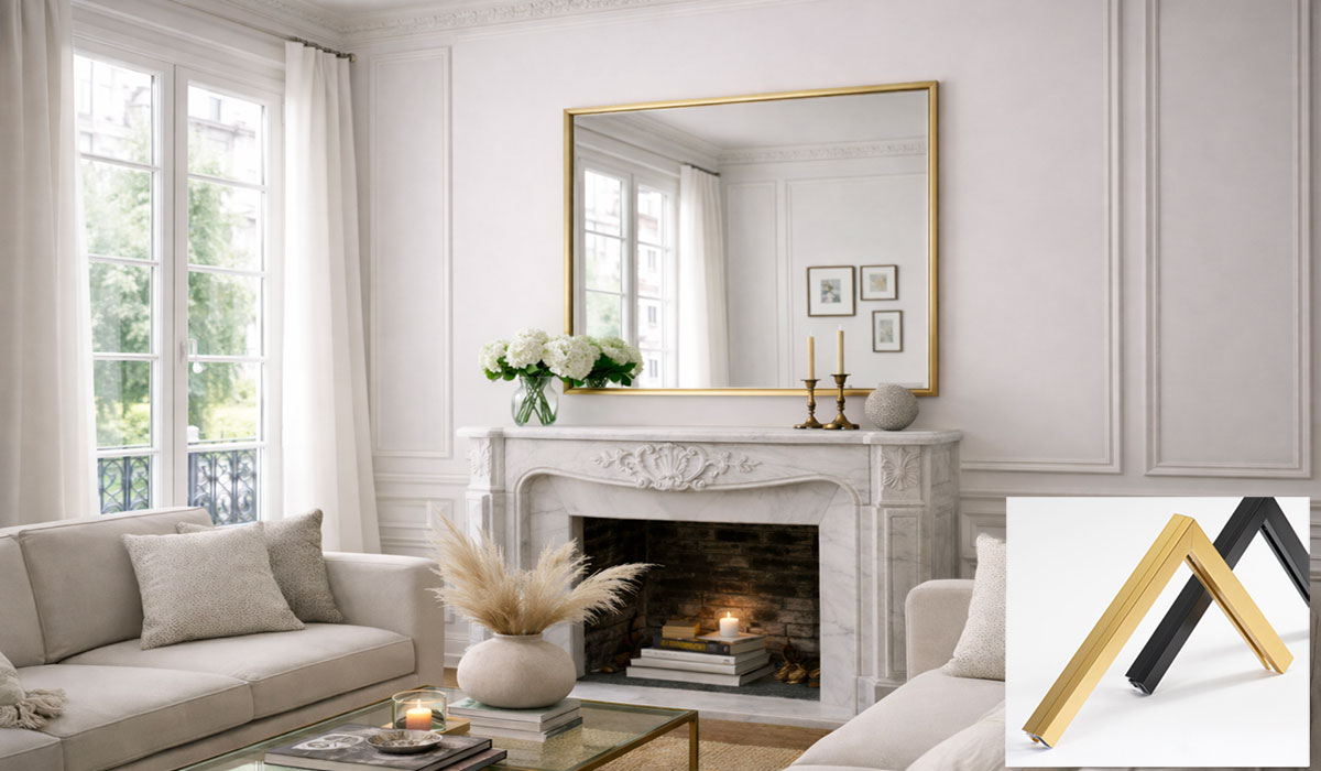 Cadre aluminium aspect laiton bross&eacute; - miroir encadr&eacute; sur mesure