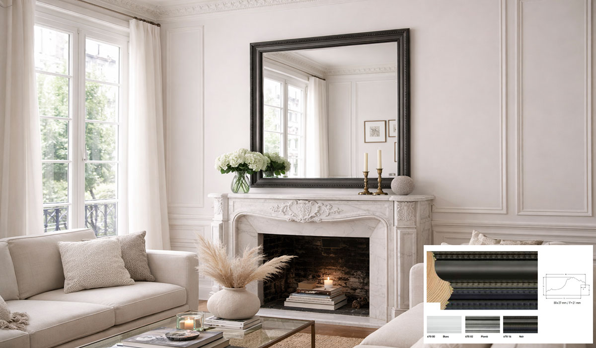 Finition laiton bross&eacute; - miroir encadr&eacute; sur mesure