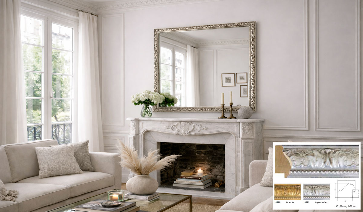 Cadre bois Rocaille 145 argent - miroir encadr&eacute; sur mesure