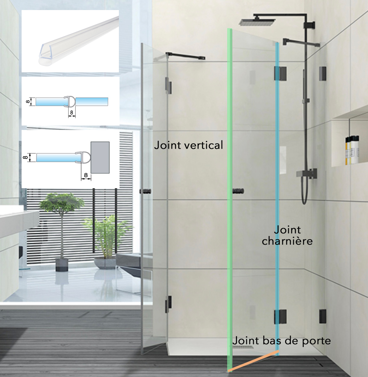 Joint vertical de porte pour paroi de douche FRESH R, A, 2P et VISION 2P