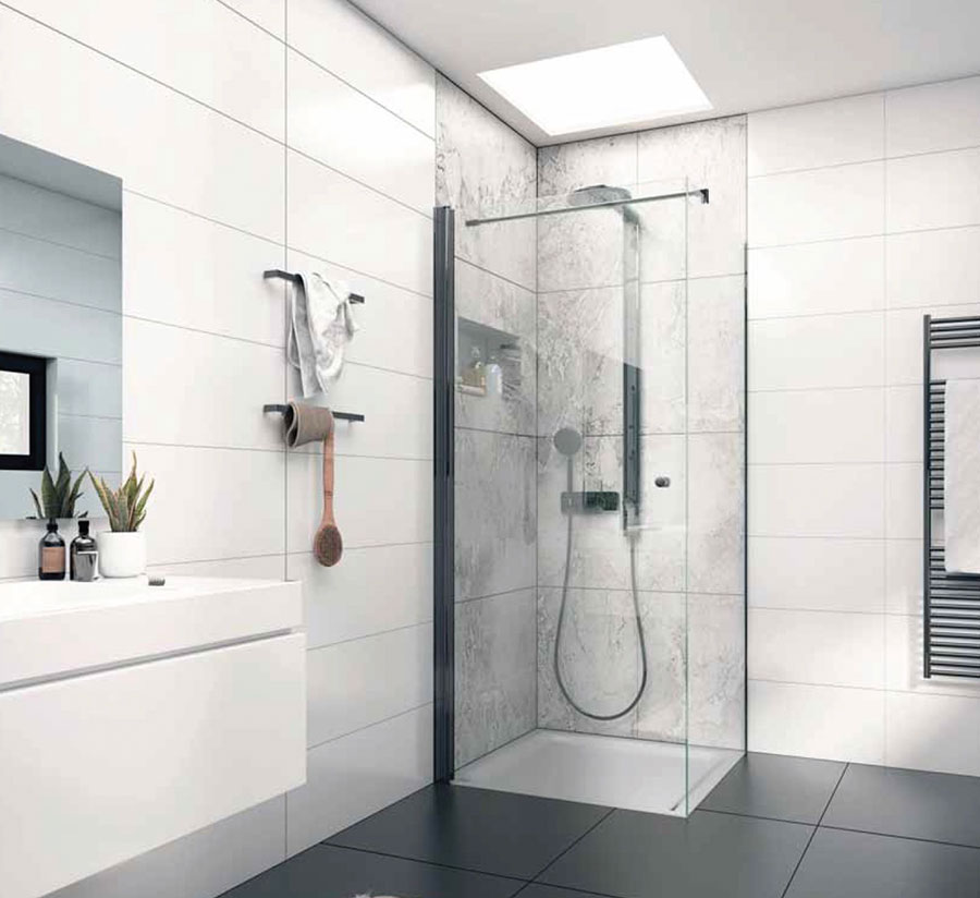 Porte de douche pivotante en verre – quincaillerie et profils