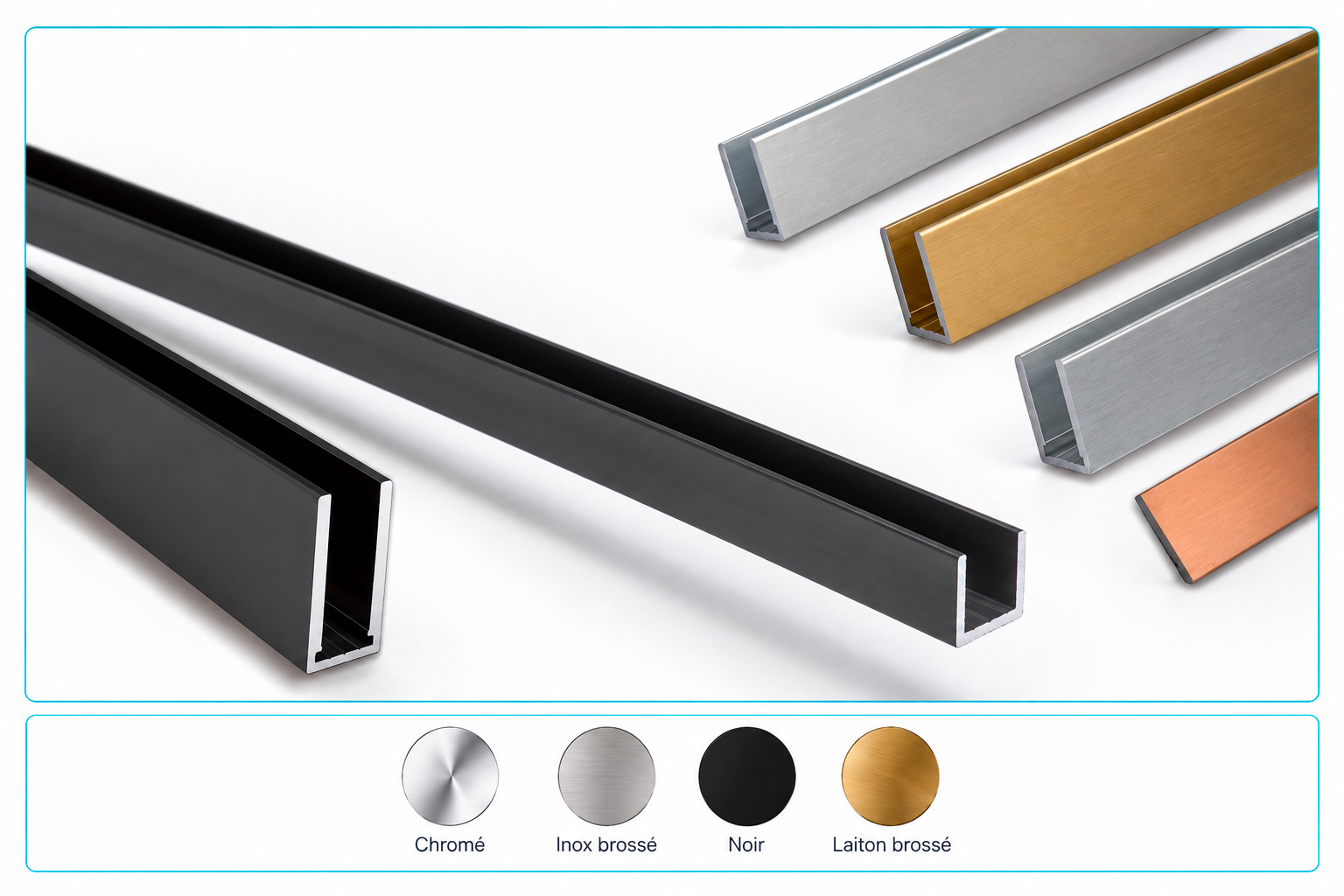 Profils U pour verre — chromé, inox brossé, noir et laiton brossé