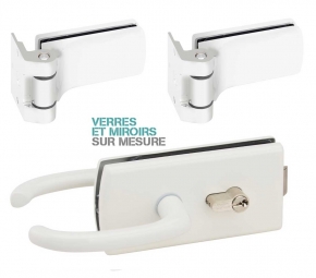 Kit Serrure et paumelles Lagune laqu&eacute; blanc pour Porte Clarit 8mm (avec serrure et cl&eacute;) 