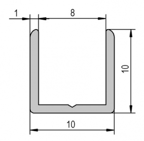 Profil en U de 10x10mm pour verre 6mm. Chromé brillant. Longueur 2x2m50