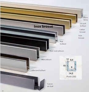 Profil U9S alu aspect Inox Bross&eacute; longueur de 3000mm - 2 embouts + 1 &eacute;querre