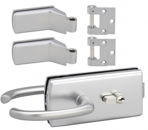 Kit Serrure et 2 paumelles Lagune chrom&eacute; brillant pour Porte Clarit 8mm (avec serrure et cl&eacute;) 