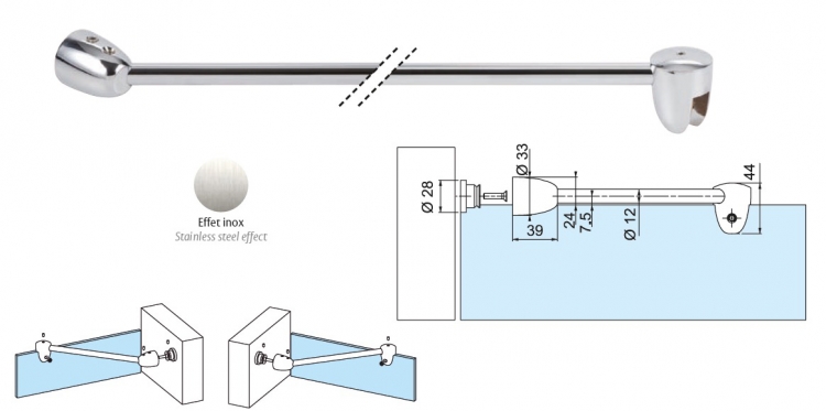photo info Barre raidisseur d'angle 1000mm mur/verre inox brossé.