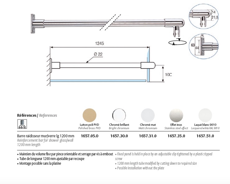 photo info Barre raidisseur mur/verre 1200mm laiton poli