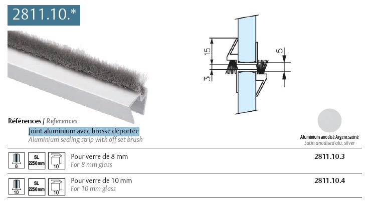 photo info Joint aluminium avec brosse déportée pour porte en verre de 8mm