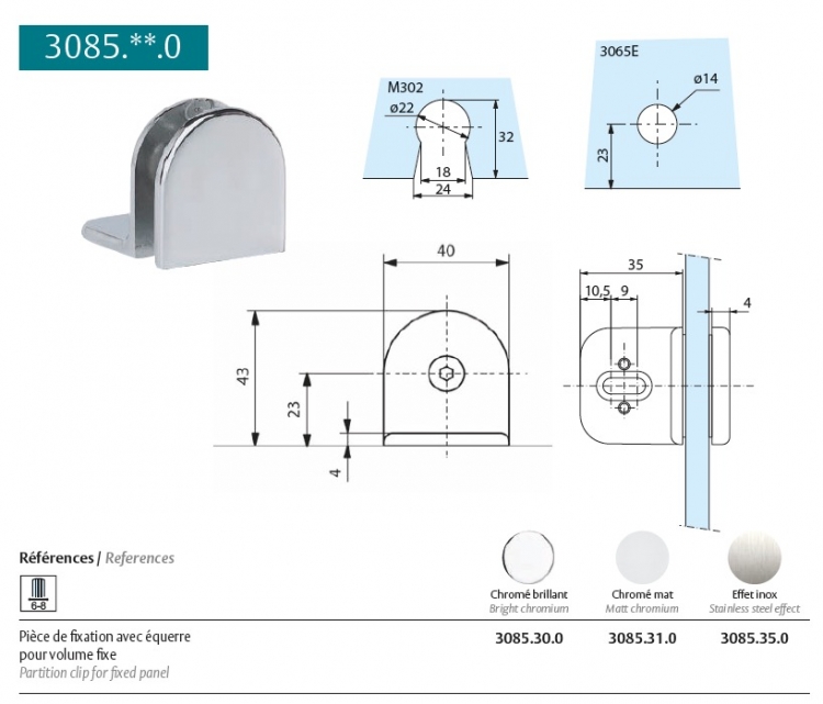 photo info Pièce de fixation avec équerre Aspect inox brossé pour paroi de douche 