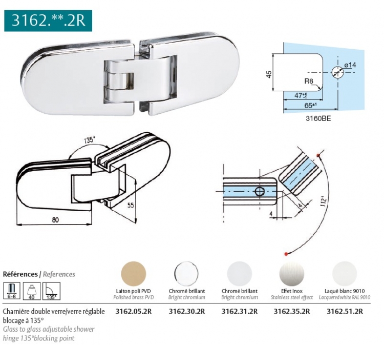 photo info Charnière verre/verre Mareva 135 degre chromé brillant