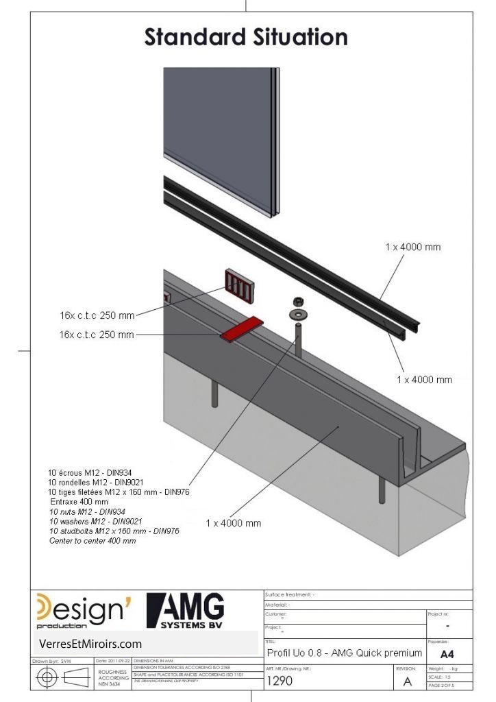 Kit profil en L pour garde corps verre Uo 0.8 longueur 4mètres avec set caoutchouc et cales