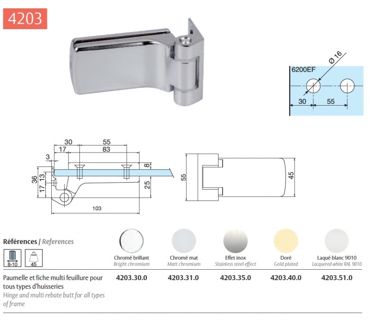 Lot de 2 Paumelles et fiche chromé brillant pour porte Clarit multi feuillure pour tous types d'huisseries