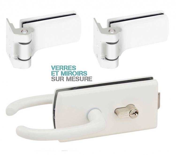 Kit Serrure et paumelles Lagune laqu&eacute; blanc pour Porte Clarit 8mm (avec serrure et cl&eacute;) 