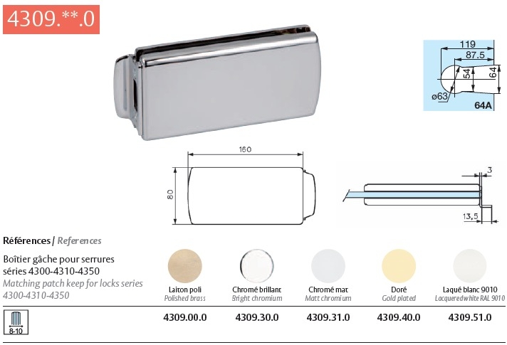 Boitier gache pour serrure s&eacute;rie 4300 chrom&eacute; Mat