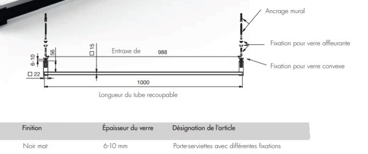 Porte-serviettes Noir Mat - Black Edition - Longueur 1000mm - recoupable