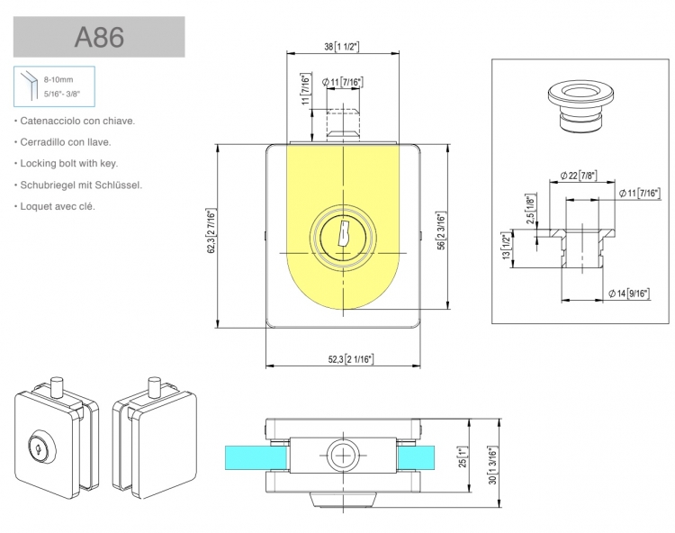 Loquet a cl&eacute; de bas ou haut de porte en verre aspect inox bross&eacute;