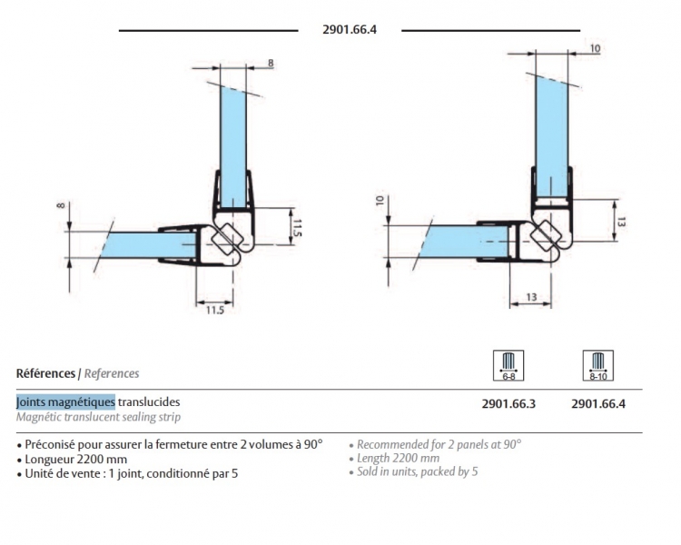 Joint magnétique a 90 degre pour verre 10mm