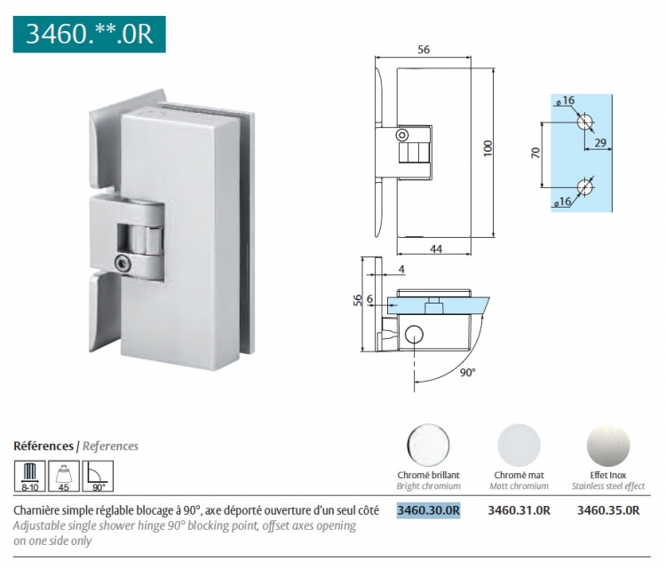 2 Charnières KUBIKA Chromé brillant pour porte de douche 8 à 10mm