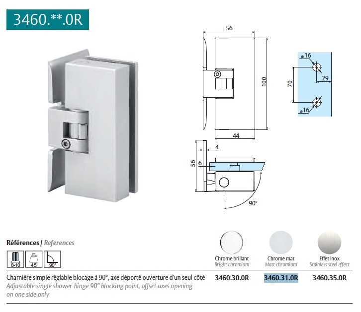 2 Charnières KUBIKA Chromé Mat pour porte de douche 8 à 10mm