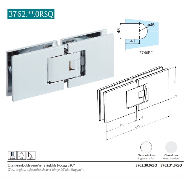 Charnière double Carréa Chromé brillant Verre/verre pour porte de douche jusqu'a 45kg