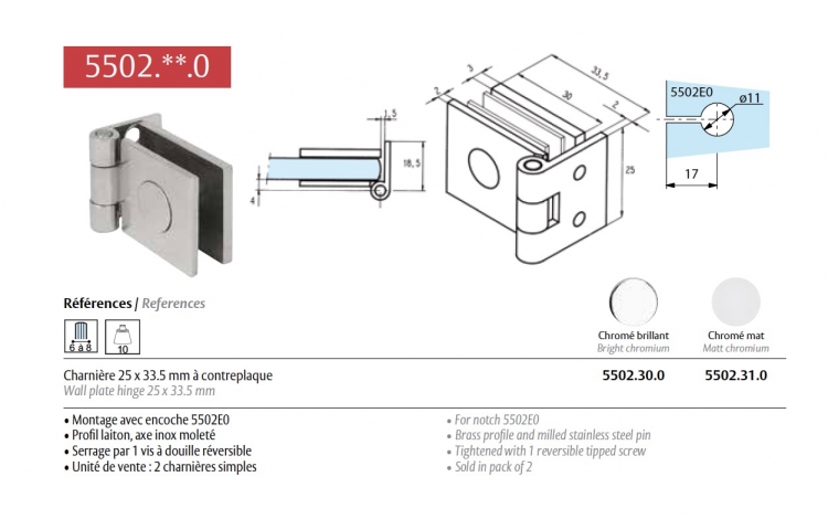 2 Charnières simples 25x33.5mm Chromé brillant pour verre 6 a 8 mm