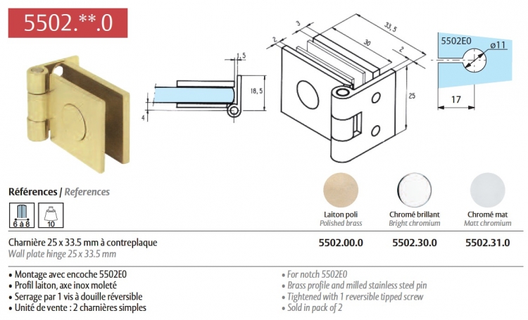 2 Charnières simples 25x33.5mm Chromé mat pour verre 6 a 8 mm