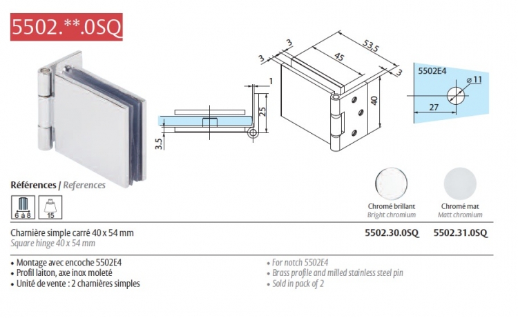 2 charnières carrées Chromé mat 40x54mm