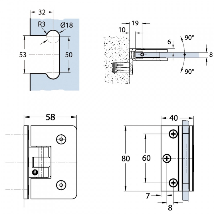 Charnière chromé brillant pour porte en verre 8mm va-et-vient Easy 90 degre