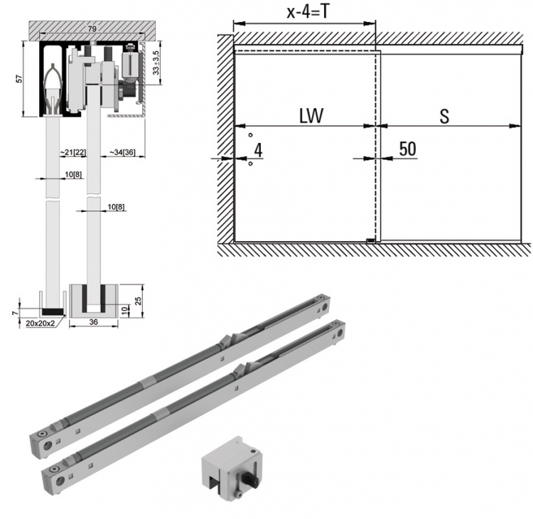 Système rail coulissant plafond avec pan fixe Slide Tec Optima 2m