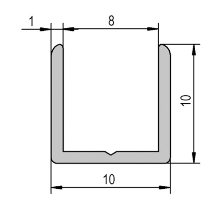 photo info Profil en U de 10x10mm pour verre 6mm. Aspect poli brillant. Longueur 2500mm