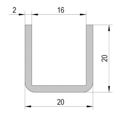 photo info Profil en U en acier inoxydable de 20x20 pour verre de 12 à 14mm. Aspect inox brossé. Longueur 2500mm