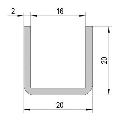 photo info Profil en U en acier inoxydable de 20x20 pour verre de 12 à 14mm. Aspect poli brillant. Longueur 2150mm