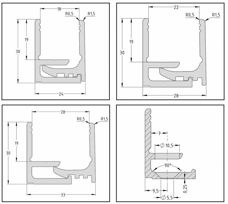 Profil aspect inox pour encadrement et fixation de paroi en verre 8 à 20mm Long.3000mm