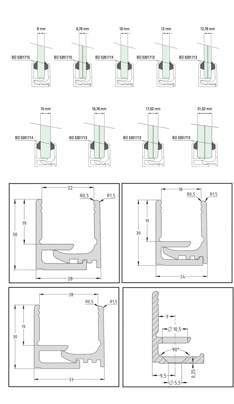 Profil de fixation anodisé pour paroi de verre 8 à 22mm, 5000mm