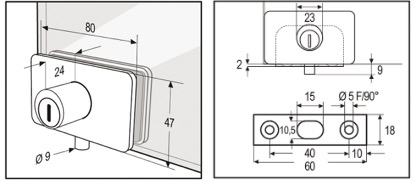 Serrure pour portes en verre de vitrine