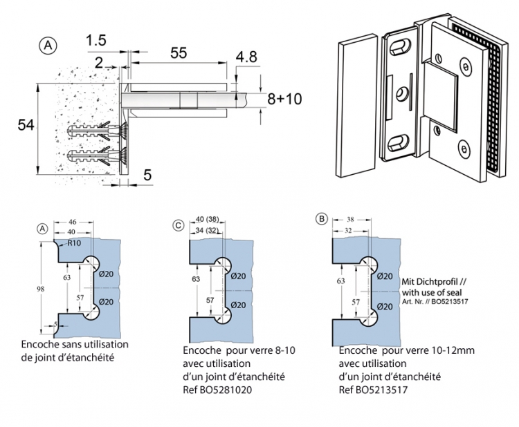 Charnière Bilbao Premium 90 degre aspect inox (réglable) unilatéral 36 kg