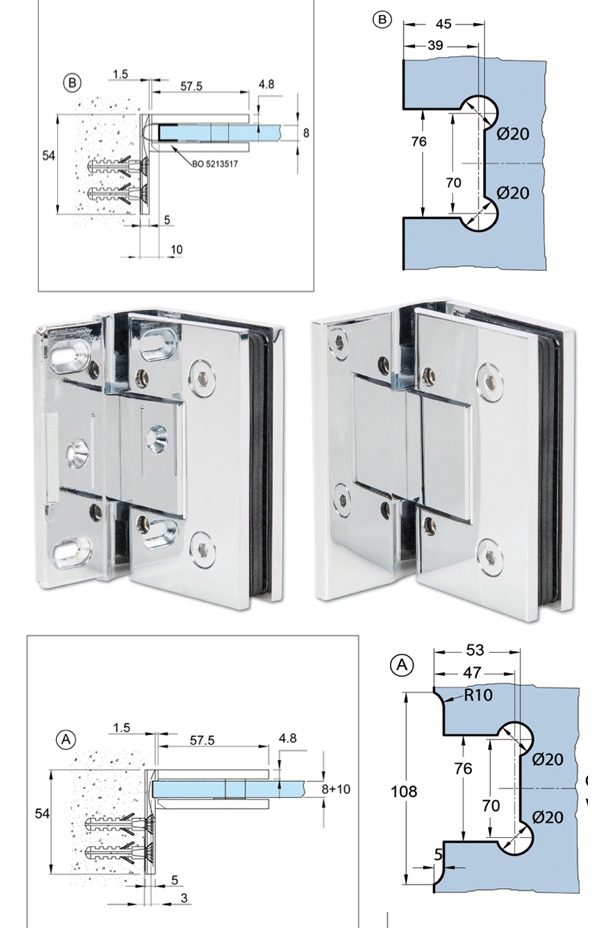 Charnière Bilbao Premium HD50KG verre-mur chromé brillant