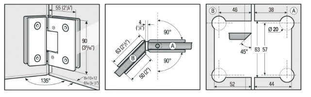 Charnière aspect inox pour pare-douches Bilbao Select 135 degre (réglable) verre-verre