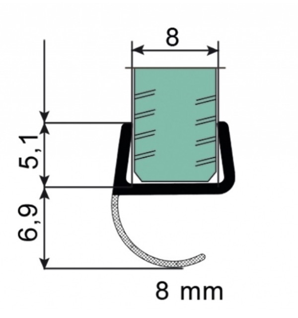 Joint d'&eacute;tanch&eacute;it&eacute; avec l&egrave;vre d'&eacute;tanch&eacute;it&eacute; ouverte pour verre de 8mm coup&eacute; 2x 1m08