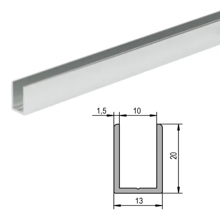 photo info Profil en U de 20x13mm pour verre 8/8,76mm. Aspect poli chromé brillant .Longueur 2500mm.