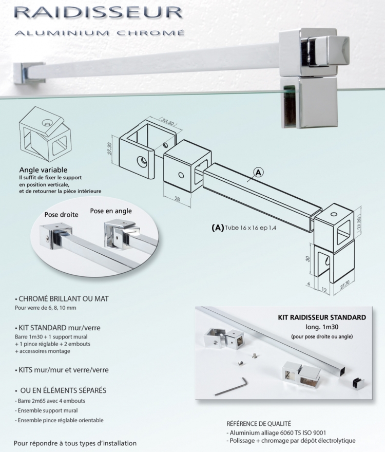 Kit raidisseur stabilisateur pivotant chromé brillant 1m30