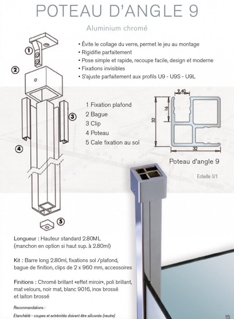 Poteau d'angle U9 chromé brillant longueur de 2700mm