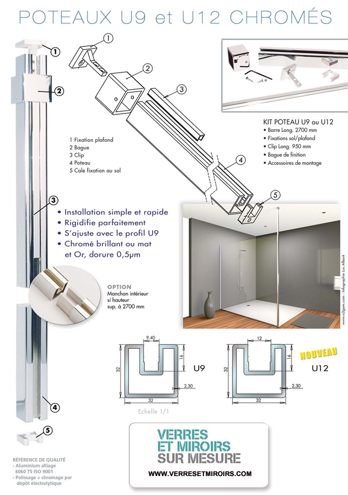 Poteau U9 chromé brillant longueur de 2800mm